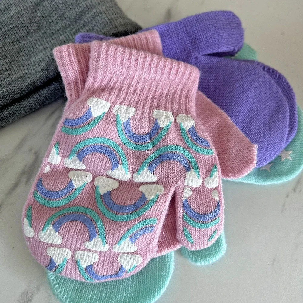 Toddler Pompom Beanie & 3 sets of Mittens Pastel Green Purple Pink Gray New! BxV